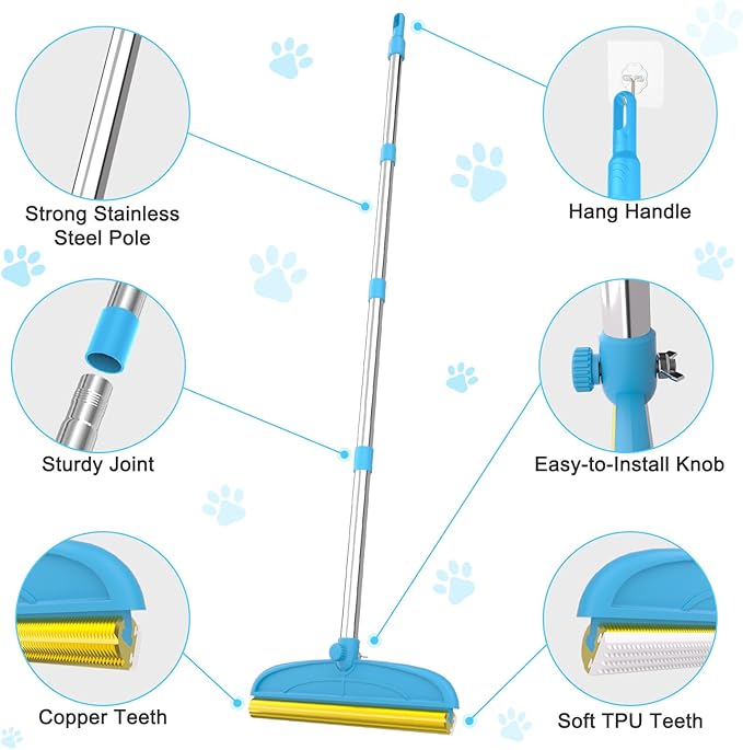 WOSWOK Carpet Rake for Dog Hair Remover: 2 in 1 Reusable Pet Hair Remover – 60‘’ Adjustable Long Handle Carpet Removal Tool for Dog Cat Human Hair – Carpet Scrape Cleaning for Rug Couch Bed