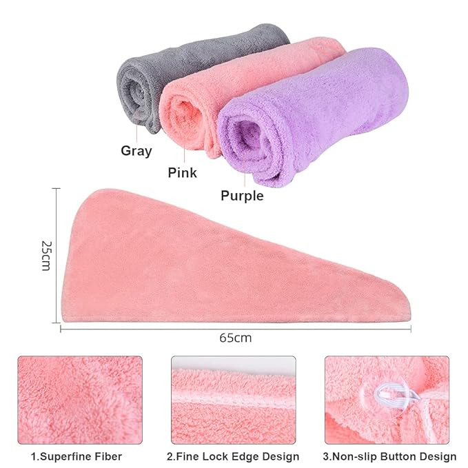 URAQT Microfiber Hair Towel Wrap for Woman, 3 Pack Hair Turbans for Wet Hair, Quick Dry Hair Turban for Drying Curly Long Thick Hair