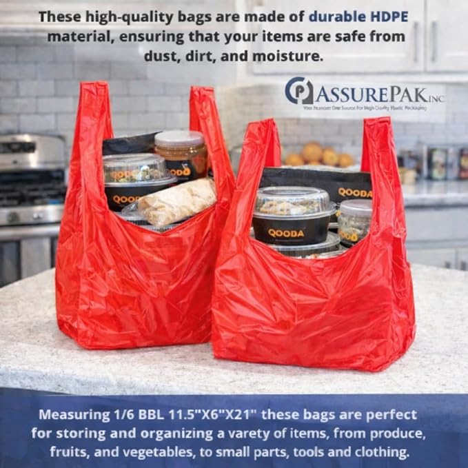 ASSUREPAK Easy Open - 100 Bags - Colored Unprinted HDPE T-Shirt Bags - 1/6 BBL 11.5"X6"X21" - 13 microns - Red - Perfect for Groceries, Shopping and Retail Stores LOOP-RED-EO