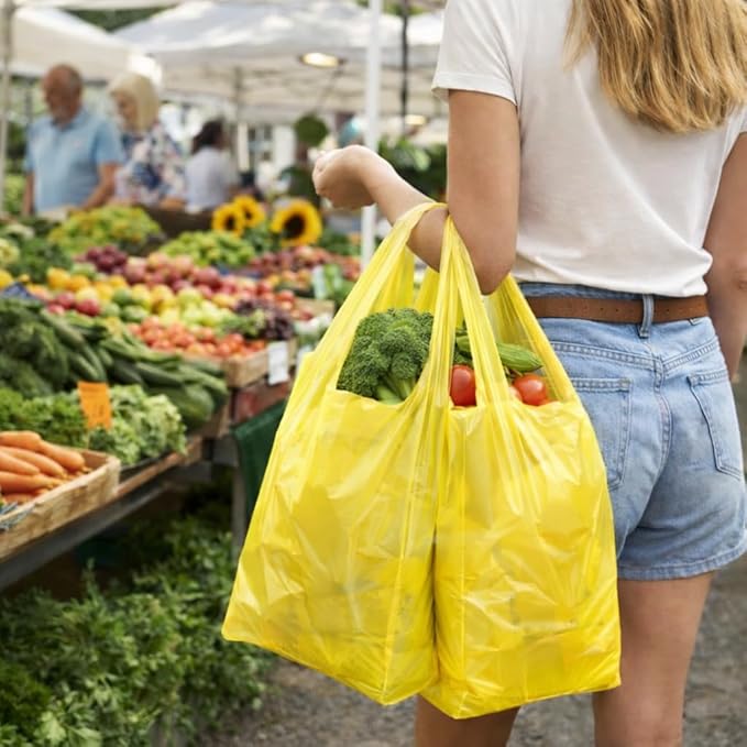 ASSUREPAK Colored Unprinted HDPE T-Shirt Bags - 200 Bags - 1/6 BBL 11.5"X6"X21" - 200 Units - 13 microns - Yellow - Perfect for Groceries, Shopping, Boutique Bags and Retail Stores LOOP-YELLOW
