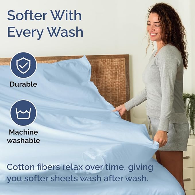 400 Thread Count Cotton Sheet Set - Cal King Size 100% Cotton Sheets - Easily Fits 8" to 16" Mattress - Silky-Soft, Wrinkle Free & Comfortable - Deep Pockets & Hotel Quality Bedding Set - Light Blue