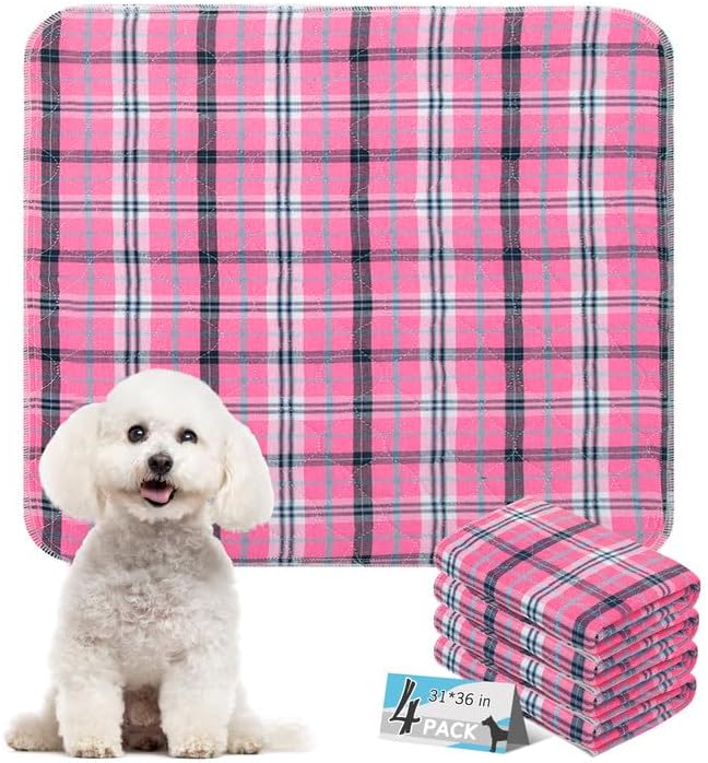 ESGPET Washable Pee Pads for Dogs - 31”x36” 4PCS, Whelping Pad for Puppy Training, Playpen Crate Bed Floor Protector, Reusable Dog Potty Pads Non-Slip, Super Absorbent & Odor Controlling, Pink Plaid