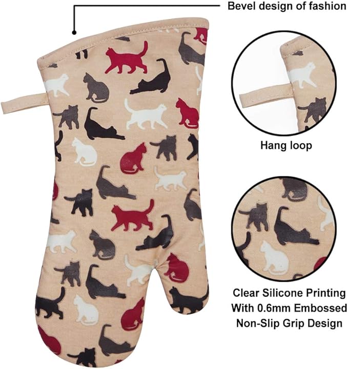 RED LMLDETA Oven Mitts Gloves 1 Pair Heat Resistant 480 ℉ Non Slip Clear Silicone Printed Comfortable Cotton Lining Kitchen Women Men Cooking Barbecue Microwave Machine Washable (Cat, Khaki Mittens)