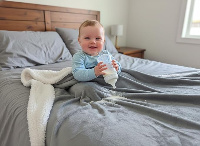 Bedding Aid Waterproof Blanket Double Size - Sherpa Fleece Reversible Throw, Soft Warm Leak-Proof Bed & Couch Protector for Kids, Pets & Everyday Spills (Velvet Gray/Cloud White, 85x90)