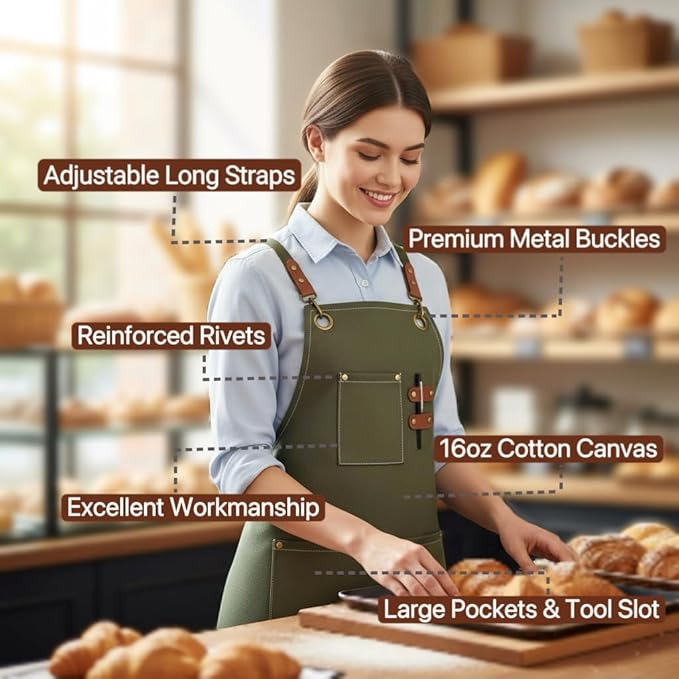 Canvas Work Apron for Men Women with 3 Pockets Heavy Duty Crossback Kitchen Chef Aprons for Cooking Grilling Barista