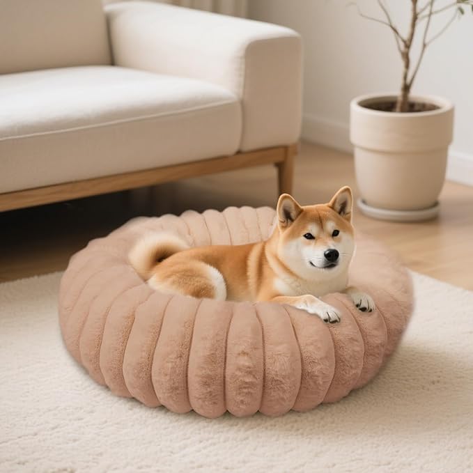 Vhen When Donut Dog and Cat Bed, Luxurious Comfortable Faux Rabbit Fur Pet Beds, Round Anti-Anxiety Calming Puppy Kitten Bed with Anti-Slip Bottom for Small Medium Dogs & Cats(23", Brown)