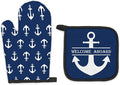 Lake House Gifts Oven Mitts and Pot Holders Sets, Lake Navy Blue Kitchen Accessories Sets, Nautical Navy Blue Anchor Welcome Aboard Heat Resistant Oven Glove Potholders for Kitchen Cooking