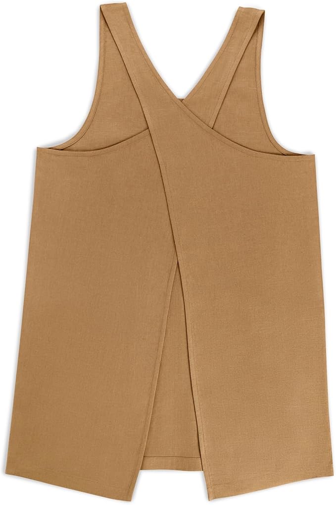Solino Home Cross Back Linen Apron with Pockets for Gardening, Kitchen - Tobacco Brown Pinafore Smock Apron 100% Pure Linen for Men & Women - Handcrafted from European Flax