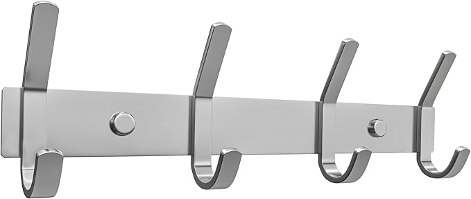 SAYONEYES Coat Rack Wall Mount – Brushed Nickel 12 Inch Stainless Steel Hook Rail with 4 Heavy Duty Double Coat Hooks – Wall Mounted Coat Hanger for Entryway, Bathroom, Bedroom, Towel, Hat Organizer
