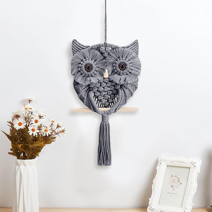 FREEBLOSS DIY Macrame Owl Kit Macrame Tapestry Wall Hanging 90m Cotton Cords Macrame Kit for Beginners with Video Tutorial Macrame Wall Art for Bedroom Decor, Gray