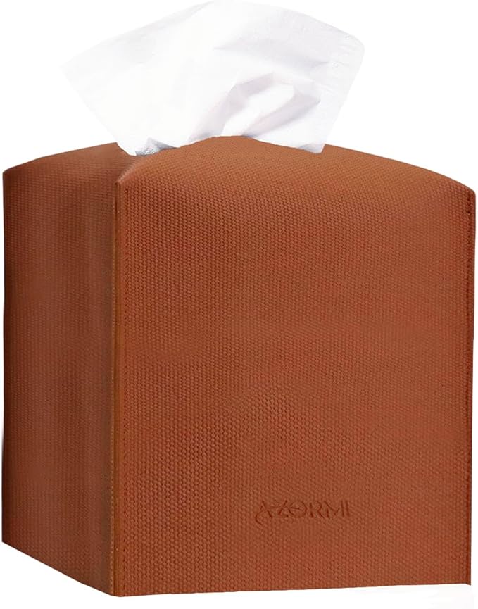 Tissue Box Cover, PU Leather Tissue Box Holder with Bottom Belt, Modern Square Tissue Box Covers with Wide Opening (Brown, Woven Patterns)