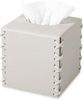 Tissue Box Cover PU Leather Tissue Holder Square Decorative Home Decor Cube Boxes for Bathroom, Kitchen, Nightstand, Office Desk Essentials, Griege