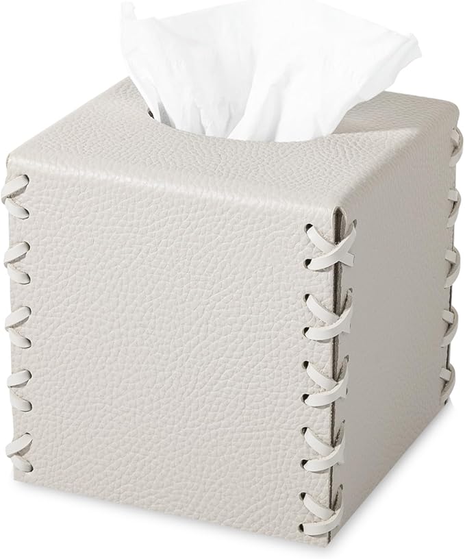 Tissue Box Cover PU Leather Tissue Holder Square Decorative Home Decor Cube Boxes for Bathroom, Kitchen, Nightstand, Office Desk Essentials, Griege