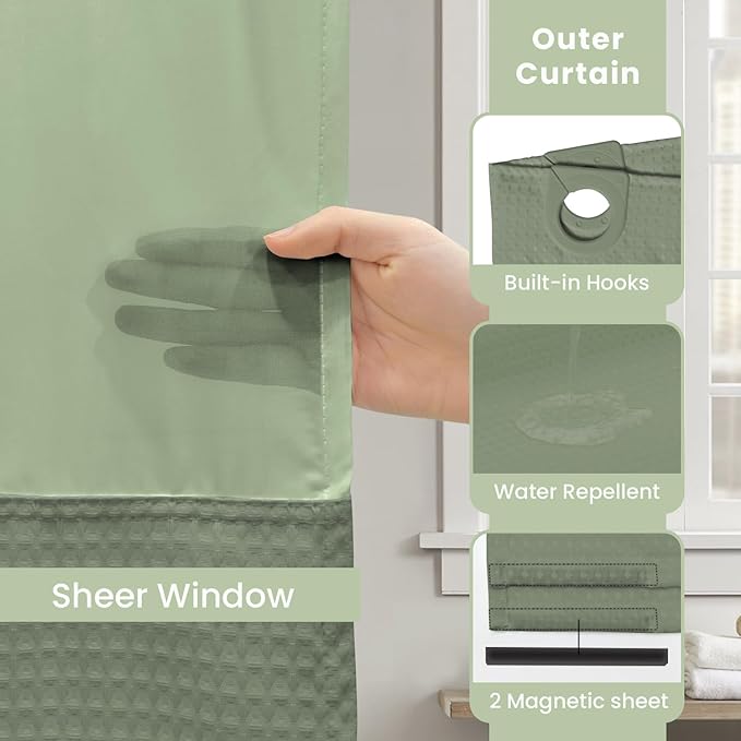 Inhousolu Long No Hook Shower Curtain with Snap in Fabric Liner Set Waffle Weave 230GSM Weighted Hem, Waterproof & Washable Bathroom Curtain Spa Luxury with Mesh Top Window 72" W x 78" L Sage Green