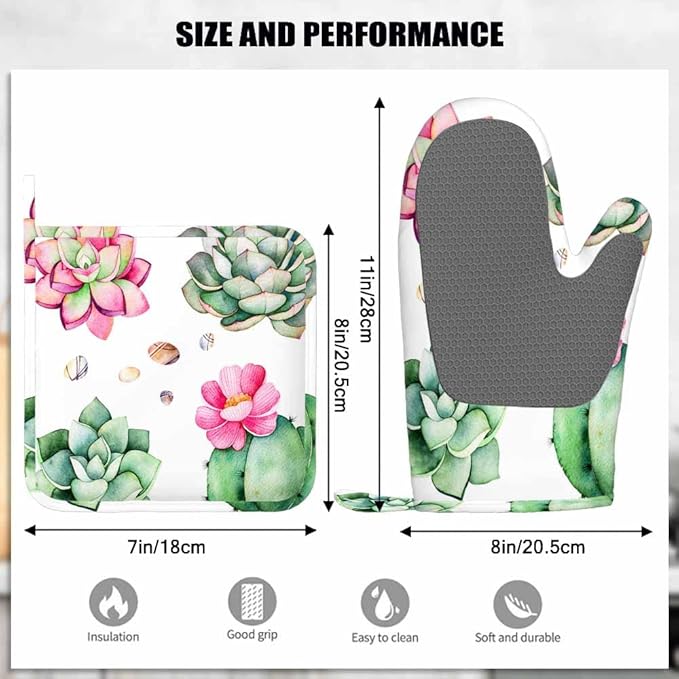 Mxocom Plants Oven Mitt and Pot Holder with Silicone Watercolor Cactus Summer Floral Mexican Cacti Heat Resistant Kitchen for Cooking BBQ Baking Grilling Spring/Summer