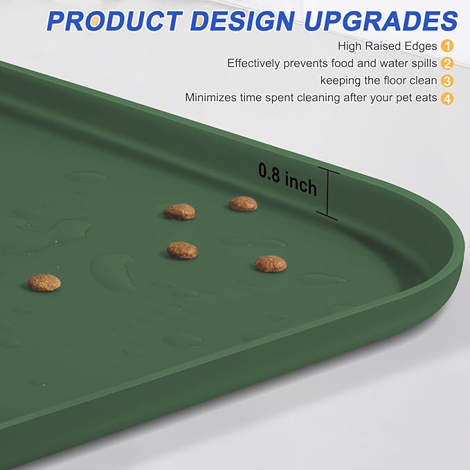 SMILOOL Silicone Pet Feeding Mat with Raised Edge for Food and Water, Dog Bowl Mats, Cat Bowls Placemat with High Lip for Floor Waterproof, Rubber Tray for Cats and Dogs 24 x 16 x0.8 Dark Olive