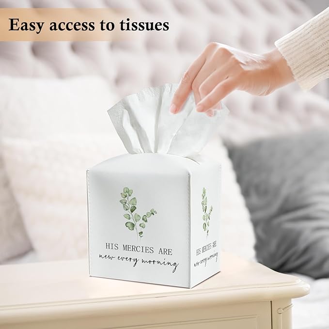 Christian Tissue Box Covers Square - His Mercy are New Every Morning, Leather Tissue Box Holders Decorative for Car Nightstand Home Office Organizer, Square Facial Paper Organizer Home Decor -023