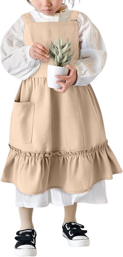 IWEMEK Kids Aprons for Girls Cooking Child Cotton Linen Apron Dress with Pockets Art Baking Gardening Painting Apron Pinafore