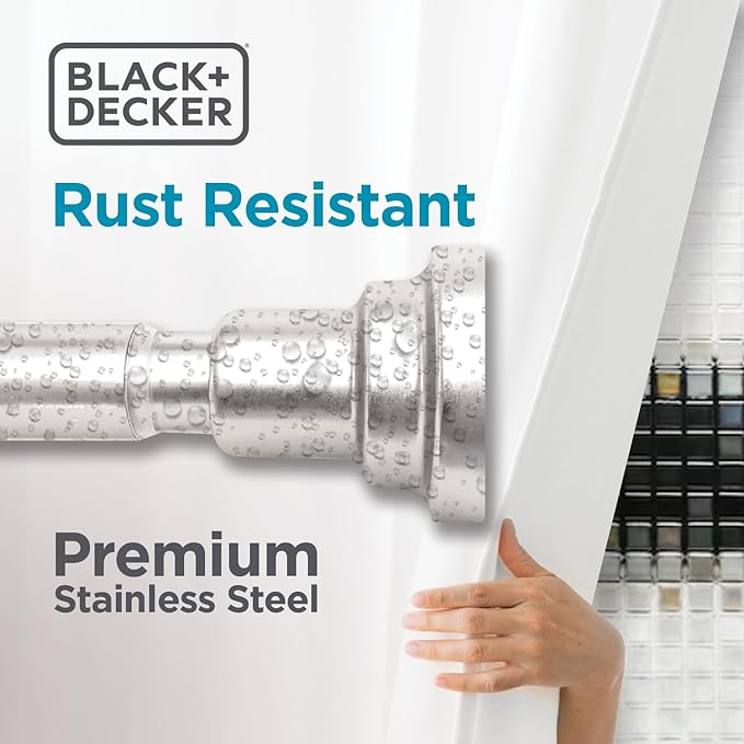 BLACK+DECKER Tension Shower Curtain Rod 42-72 Inch – Drill-Free Adjustable Curtain Rod, Rust-Resistant Stainless Steel Tension Curtain Rod for Shower, Bathroom, Window, Closet – 35 lb Capacity
