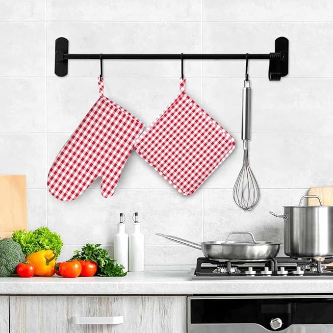Mxocom Gingham Red White Checked Tartan Heat-Resistant Oven Mitts and Pot Holder Abstract Lattice Criss-Crossed Kitchen Non-Slip Cooking Microwave Gloves for Cooking Baking Grilling