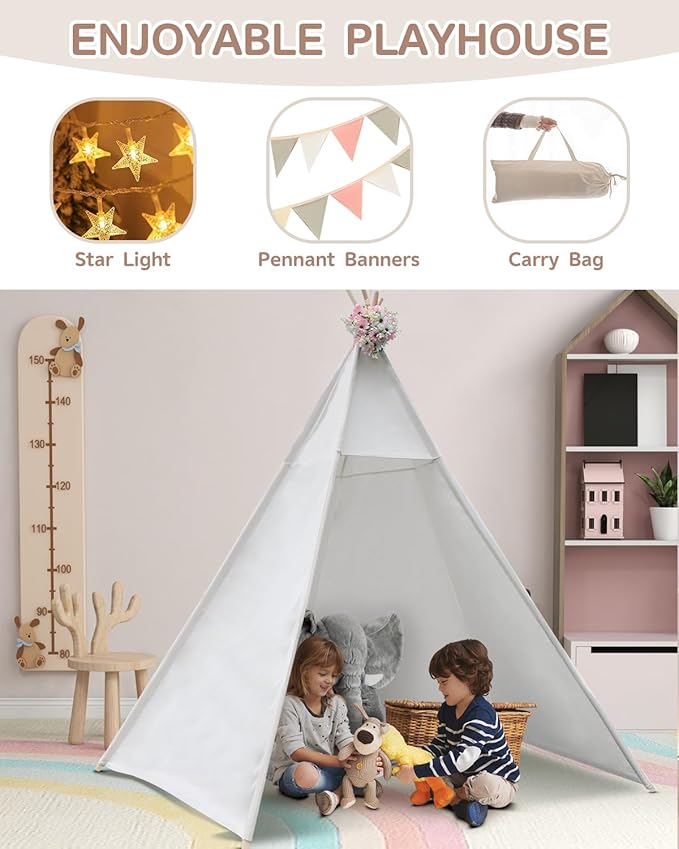 86" H Larger Teepee Play Tent, Huge Foldable Teepee Indoor with Star Light, Large Tall Outdoor Canvas Teepee Tent for Adults, 5 Sides Wide Open Front Beach Teepee Without Door Flaps