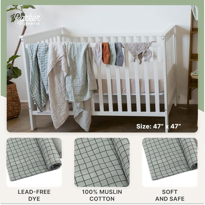Parker Baby Swaddle Blankets - 3 Pack of 100% Cotton Muslin Swaddle Blankets for Baby Boys and Girls - Unisex/Gender Neutral - Sage