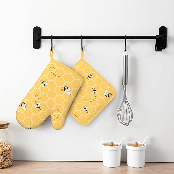 Oven Mitts and Potholders Yellow Bees Honey Silicone Glove Heat Resistant, Kitchen Gloves for Cooking, 2-Piece Set