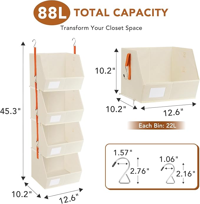 Baesyhom 4 Pcs Modular Closet Organizer - Detachable & Foldable Hanging Storage Cubes, 88L Total Capacity, Heavy Duty Fabric Shelves for Wardrobe, Closet Organization, RV, Dorm, Beige
