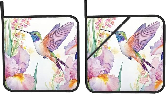 Spring Floral Hummingbirds Pot Holders Set of 2 Summer Botanical Kitchen Decorative Heat Resistant Potholder Cotton Lining Oven Hot Pads for Kitchen Cooking Baking Microwave Oven End Dishes BBQ Gifts