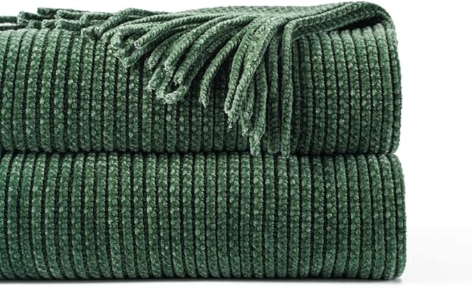 BATTILO HOME Dark Green Throw Blanket for Couch, Soft Chenille Knit Throws with Tassels for Home Decor, Spring Green Throws for Couch Cover, 50"x60"