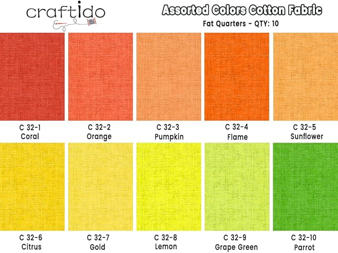 Craftido - 11 Options Solids with Tweed Tonals - Assorted Color Cotton Quilting Fabric Bundles 10pcs Fat Quarters 18"x21" - Medium Weight 5.2oz - for Quilting, Sewing and Crafts - Fruit&Garden