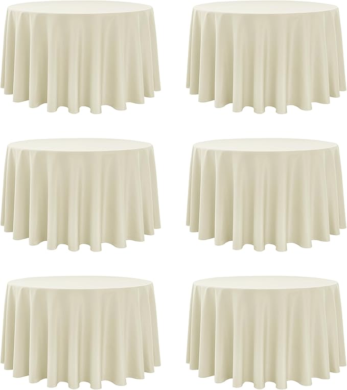 6-Pack Ivory Round Tablecloths, 120 Inches, Stain-Resistant Polyester for 5-6 Ft Round Tables - Washable Table Covers for Weddings, Banquets, Birthday Parties, Events