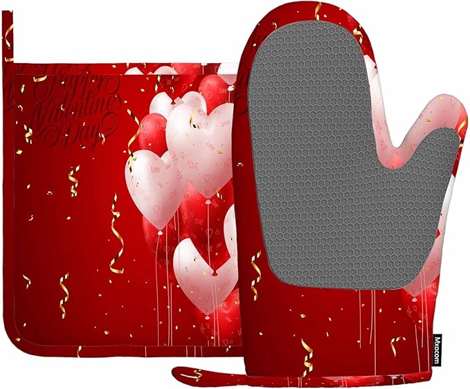 Mxocom Red Hearts Balloons Oven Mitts and Pot Holders Sets Valentine's Day Love Backdrop Silicone Heat Resistant Kitchen Oven Gloves Pot Holder for Cooking