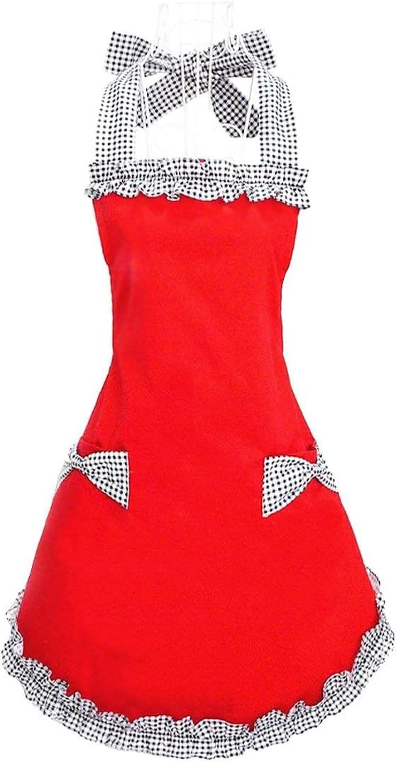 Hyzrz Cute Red Cotton Ruffle Youth Girls Apron Kitchen Cooking Aprons for Women with Pockets