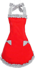 Hyzrz Cute Red Cotton Ruffle Youth Girls Apron Kitchen Cooking Aprons for Women with Pockets