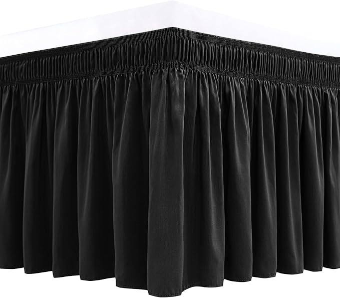 Biscaynebay Wrap Around Bed Skirts for King & Cal King Beds 17" Long Drop, Black Adjustable Elastic Dust Ruffles Easy Fit Wrinkle & Fade Resistant Silky Luxurious Fabric Solid Machine Washable
