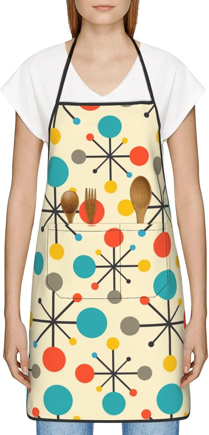 Mid Century Fifties Modern Atomic Retro Colors Oven Mitts and Pot Holders With Apron Set of 5 Silicone Kitchen Mitten and Non-Slip Potholders Apron Set Heat Resistant Oven Gloves Hot Pads Set