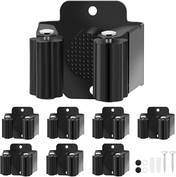 Yiows Broom Holder Wall Mount, 7PCS Broom Hanger Wall Mount, Stainless Steel Heavy Duty Mop Holder Broom Mop Hanger Wall with Screws, Garden Outdoor Tool Organizer Rack Broom Hanger (Black)