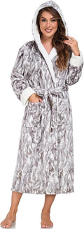 RONGTAI Womens Plush Fleece Hooded Bathrobe, Thick Nightgown Long Robe Sleepwear with Two Side Pockets and Belt