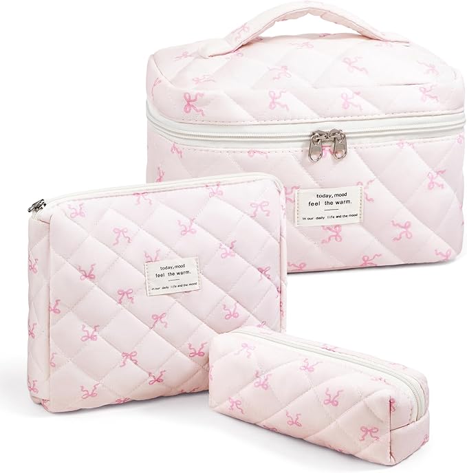 Cozomga Quilted Makeup Bag, Large Capacity Travel Cosmetic Bag for Women and Girls, Aesthetic Storage for Daily and Travel Use (3PCS-Pink SlimBow)