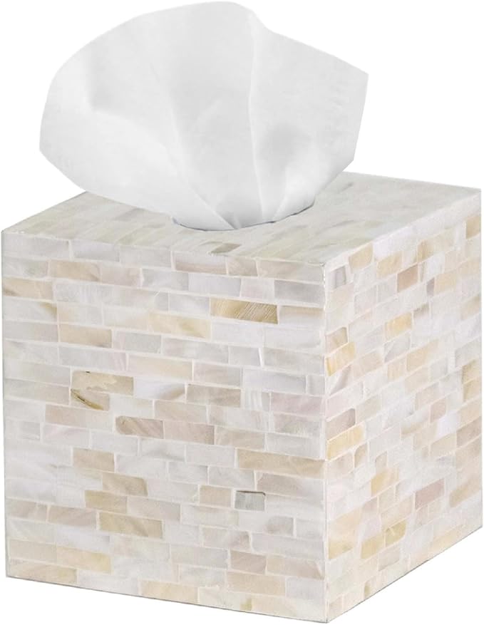 PEMAR Handcrafted Wooden Tissue Box Cover for Small Cube Tissue Boxes Only (Max Inner Size 4.7”) – Mother of Pearl Inlay Decorative Tissue Holder for Bathroom, Living Room & Office (Milano)