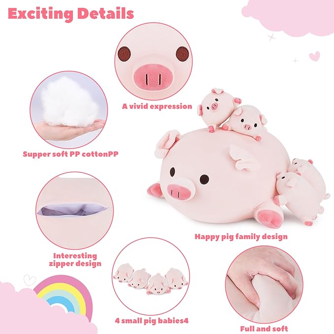 Achwishap 5PCS Pig Family,Pig Stuffed Animal Mommy with 4 Pig Babies Plush,Cute Pig Plush Pillow Cushion Doll,Kawaii Pig Plush Toy Hugging Pillow for Kid Birthday Gift Adult Valentines(16” Pig Family)