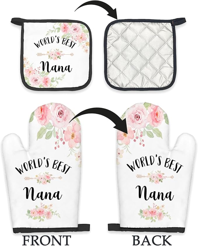 Best Nana Gifts Oven Mitts and Pot Holders Sets, Nana Gifts from Grandkids Kitchen Decor Accessories Sets, World’s Best Nana Heat Resistant Oven Glove Potholders for Kitchen Cooking Baking