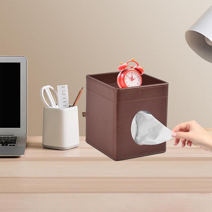 XNONE Tissue Box Cover Square Tissue Box Holder PU Leather Facial Tissues Organizer with Storage Tray for Bathroom Vanity Bedroom Office Car,Stylish Napkin Caddy Decorative Organizer (Brown)