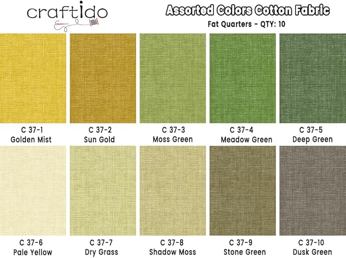 Craftido - 11 Options Solids with Tweed Tonals - Assorted Color Cotton Quilting Fabric Bundles 10pcs Fat Quarters 18"x21" - Medium Weight 5.2oz - for Quilting, Sewing and Crafts – Grasslands