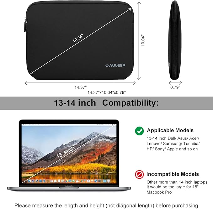 AULEEP 13-14 Inch Laptop Sleeves, Neoprene Water-Resistant Notebook Computer Pocket Tablet Chromebook Carrying Sleeve for MacBook Air/MacBook Pro 13-14 inch for HP/Dell/Lenovo/Asus/Acer, Black