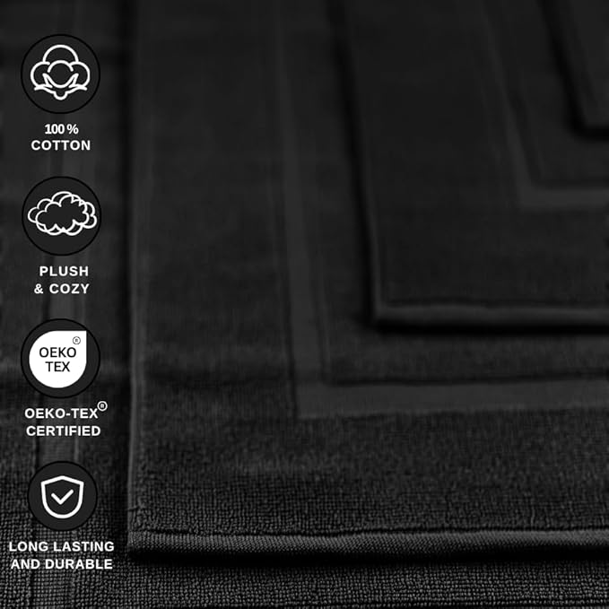 ELITE Emporium Home Collection 2-Piece Cotton Bathroom Mat Set, 21" x 34" - 100% Cotton, Absorbent, Quick-Dry, Bath Towel Mats for Floor, Black [Not a Bathroom Rug]