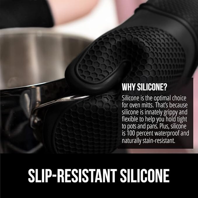 GORILLA GRIP BPA-Free Soft Silicone Oven Mitts, Heat Resistant and Waterproof Cooking Safety Gloves, Thick Cotton Lining, Flexible Gripping, Kitchen Potholders Set, for Grilling, BBQ, 12.5x8.3, Black