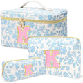 3 PCS Travel Makeup Bag Set, A–Z Initials Cotton Quilted Cosmetic Bag for Women & Preppy, Personalized Toiletry Bag Travel Accessories Makeup Brushes Organizer, Valentine’s Day & Birthday Gift for Her