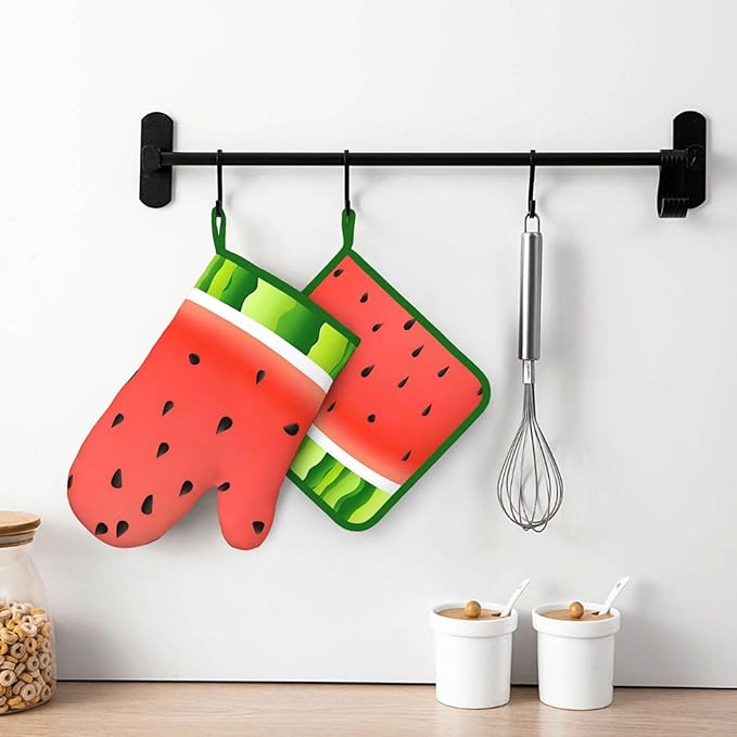 Oven Mitts and Potholders Watermelon Print Silicone Glove Heat Resistant, Kitchen Gloves for Cooking, 2-Piece Set